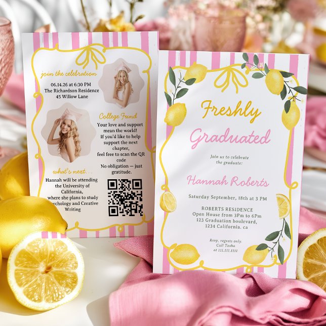 Convite Freshly Graduated Pink Lemon Yellow Bow Photo QR (Freshly Graduated Pink Lemon Yellow Bow Photo QR Invitation)