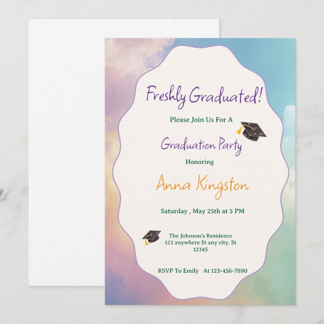 Convite Freshly Graduated Printable Graduation Invitation (Frente/Verso)