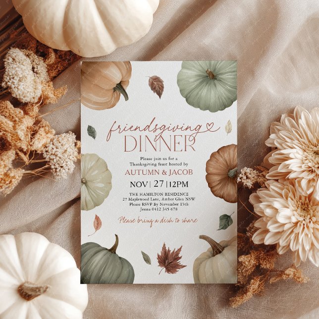 Convite Friendsgiving Dinner Thanksgiving Pumpkin Fall (Friendsgiving Dinner Invitation with rustic pumpkins in shades of green and orange with fall leaves)