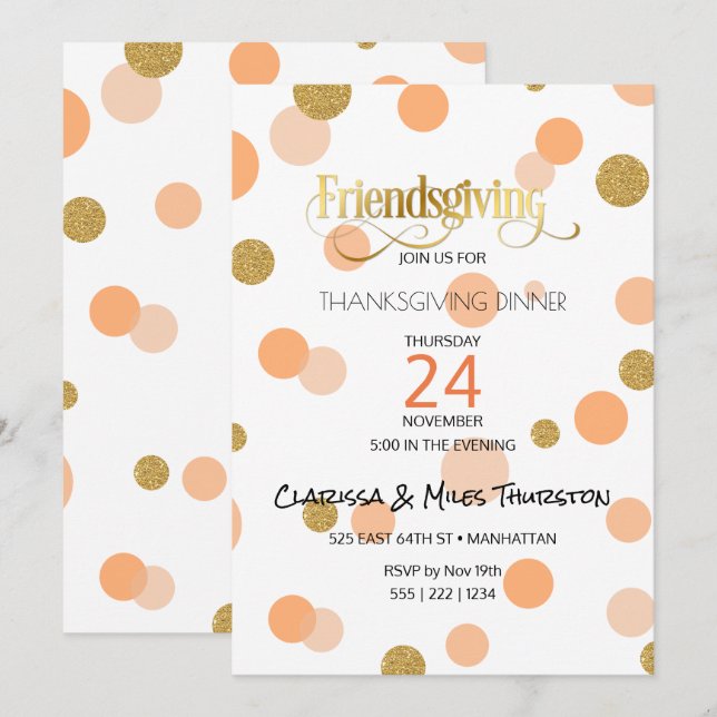 Convite Friendsgiving Laranja & Dourado Pontos Moderno (Frente/Verso)