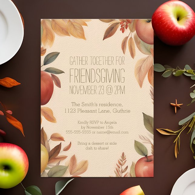 Convite Friendsgiving Outono Colheita de Maçã Aquarela Out (Boho watercolor Friendsgiving dinner party invitation with Fall apples)