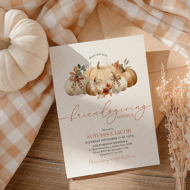 Convite Friendsgiving Thanksgiving Dinner Pumpkin Bows (Friendsgiving Pumpkin Patch with Bows dinner invitation)