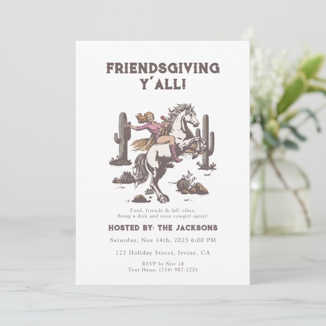 Convite Friendsgiving Y’all Invitation Retro Cowgirl  (Em pé/Frente)