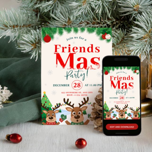 Convite Friendsmas Christmas Holiday Party Cute Reindeer (Friendsmas Christmas Holiday Party Cute Reindeer Invitation)