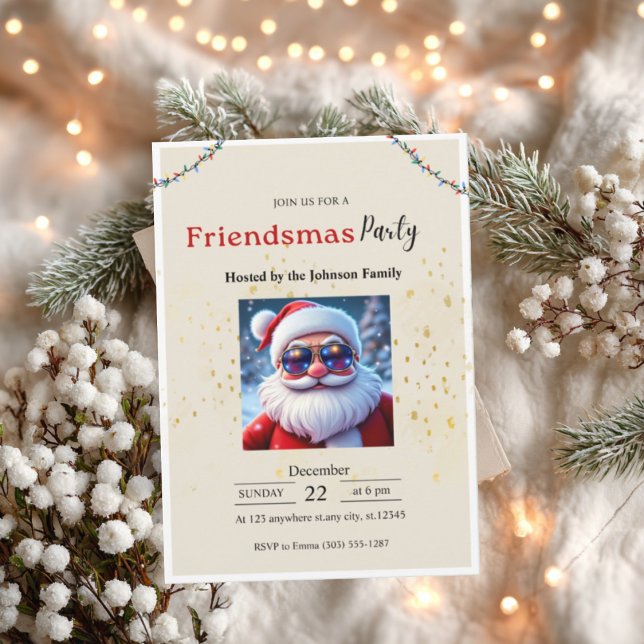 Convite Friendsmas Party Invitation • Funny Christmas  (Friendsmas party invitation card with Santa design on cozy winter background and soft lights.)