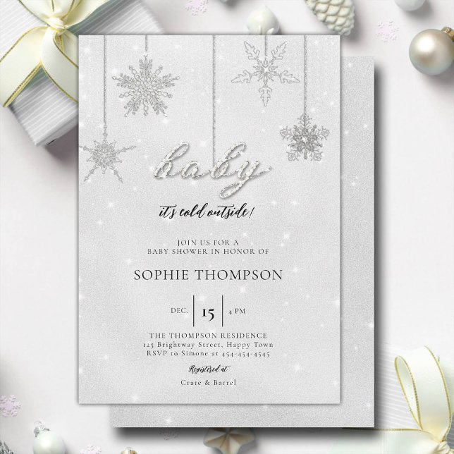 Convite Frio de bebê fora Glitter Floco de neve Chá neutro (baby its cold outside baby shower invitation rhinestone glitter sparkle snowflakes gender neutral)