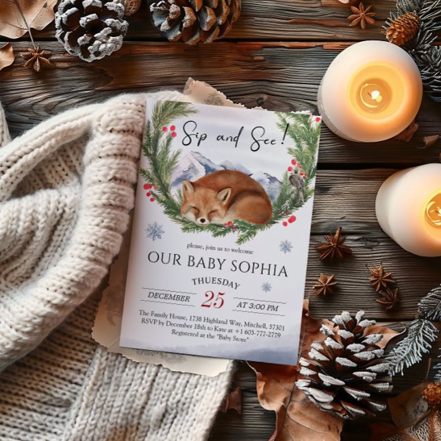 Convite Frio Fora Da Madeira Fox Winter Sip E Ver (Cold Outside Woodland Fox Winter Sip And See Invitation)