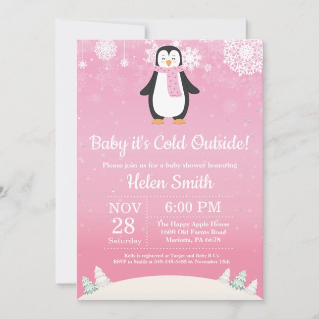 Convite Friozinho lá Fora Pinguim de Inverno Chás de Bebê (Frente)