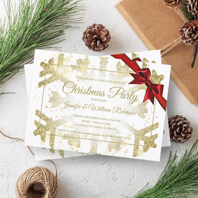 Convite Friso Vermelho de Férias Douradas Luxuriosas do Na (Luxurious Gold Glitter Xmas Holiday Red Ribbon Invitation)