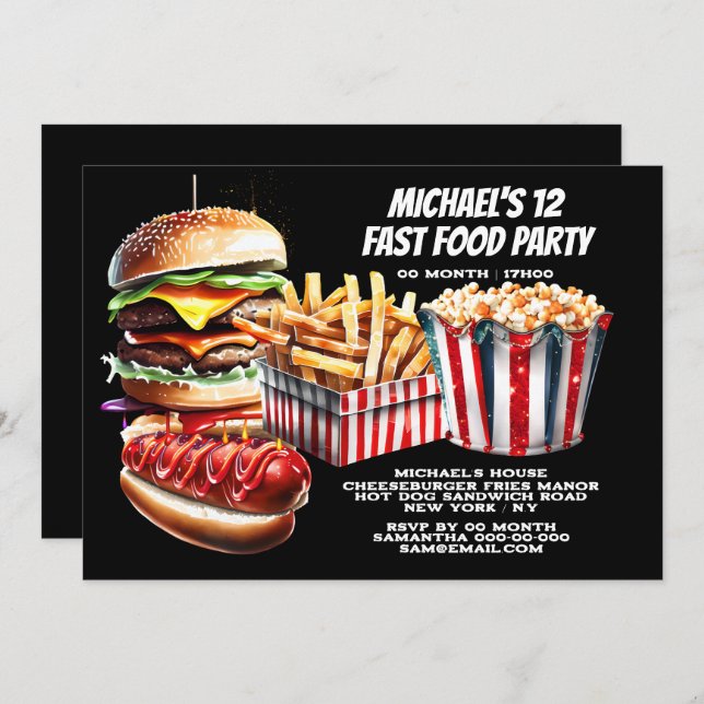 Convite Fritas de hambúrguer, festas de comida rápida e ca (Frente/Verso)