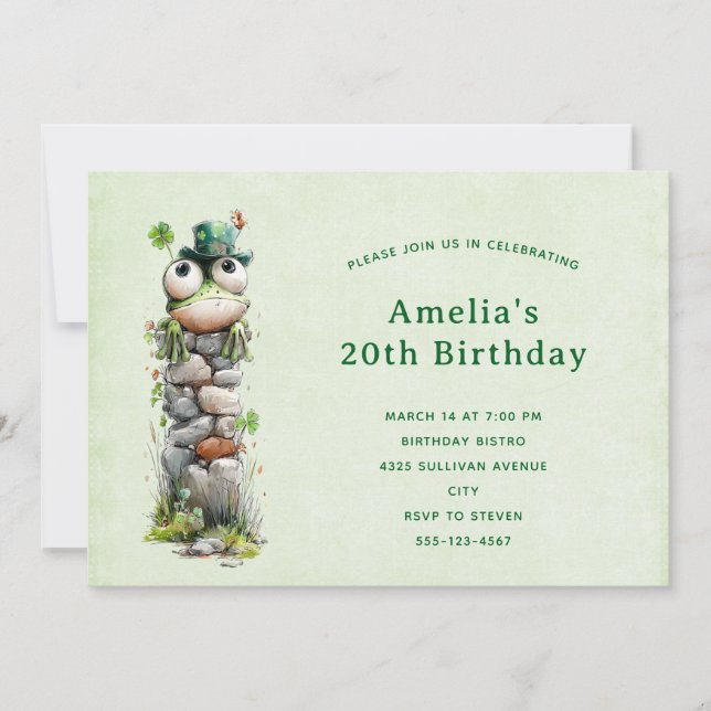 Convite Frog with Green Hat and Shamrock Cute Birthday (Frente)