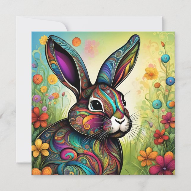 Convite Frohe Ostern - Osterhase in Blumen (Frente)