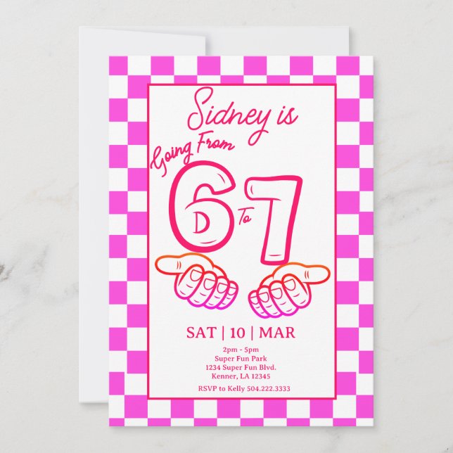Convite From 6 to 7 Meme Birthday Invitation Checkerboard (Frente)
