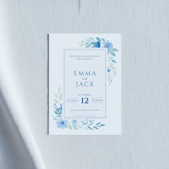 Convite Fronteira botânica azul-moderna (Blue floral botanical border modern invitation.)