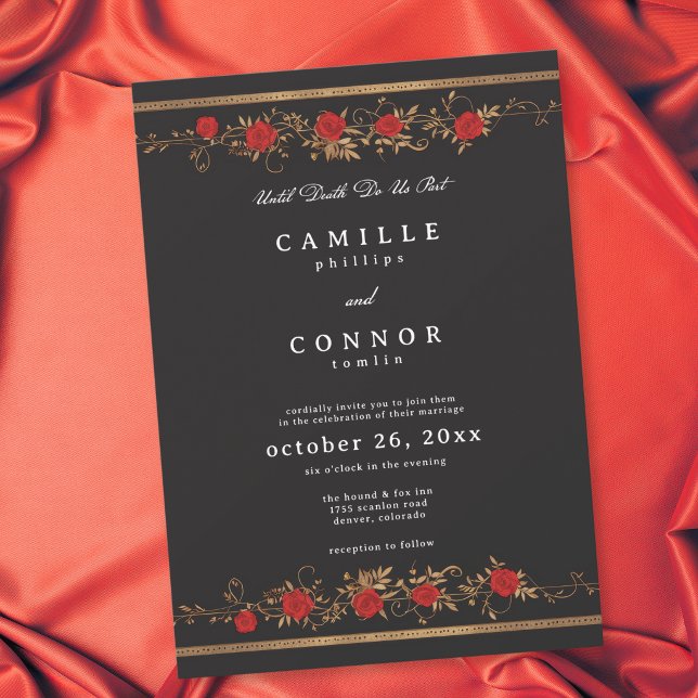 Convite Fronteira da Rosa Vermelha Gótica Até a Morte Casa (Gothic Red Rose Border Until Death Wedding Invitation)