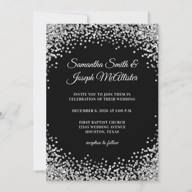 Convite Fronteira de Brilho Prata Casamento Preto (Frente)