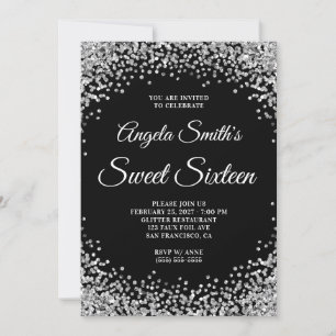 Convite Fronteira de Brilho Prateado Preto Sweet Sixteen