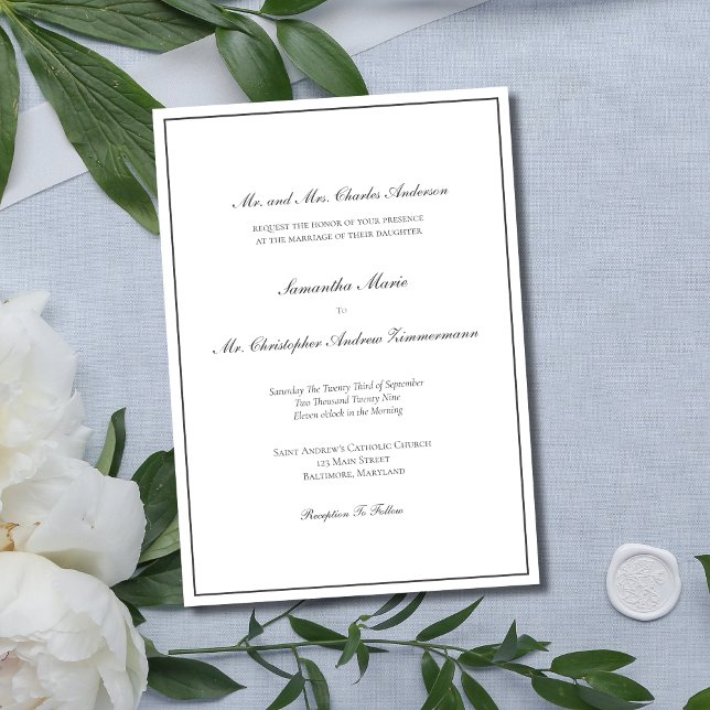 Convite Fronteira de cinza Mínima Tradicional Elegante (Formal Traditional Classic Elegant Gray Silver Wedding Invitation with formal wording)