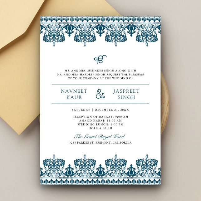 Convite Fronteira de Damasco Azul Anand Karaj Casamento Si (Criador carregado)