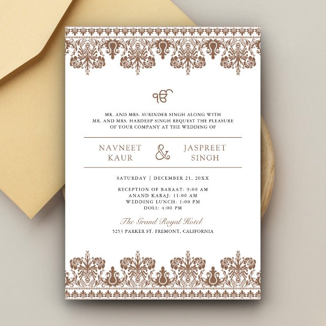 Convite Fronteira de Damasco Marrom Anand Karaj Casamento  (Criador carregado)
