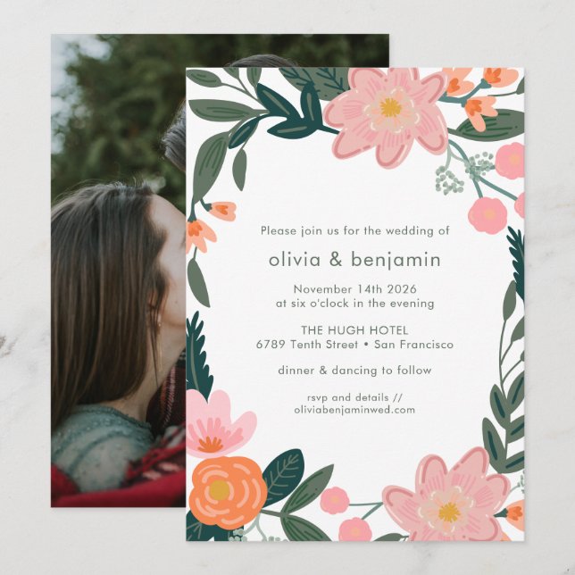 Convite Fronteira de Flores de Jardim Rosa e Verde Casamen (Frente/Verso)