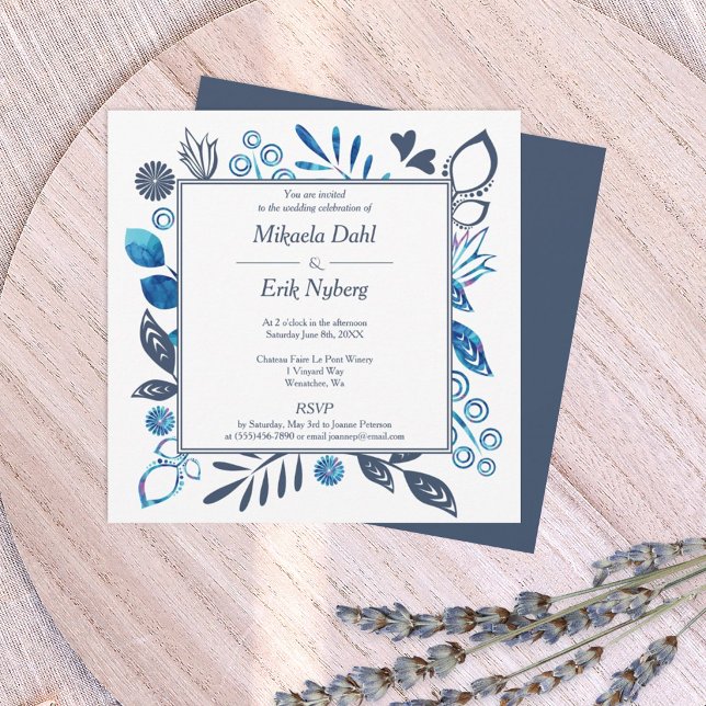 Convite Fronteira de Flores Folhas Azuis e Cinza Azul Casa (navy blue and bright blue floral wedding invitation with decorative, square border frame)