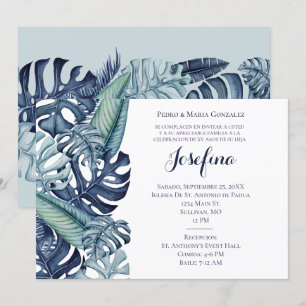 Convite Fronteira de Folhagem Tropical Azul para Quinceañe