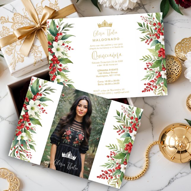 Convite Fronteira de Natal XVs Holly Sweet Floral Espanhol (Christmas Border Inspirations Holly Sweet Floral Spanish Photo Mis XV Invitations Cards. )
