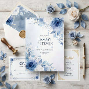 Convite Fronteira de Rosa de Aquarela Veia Dourada Índigo