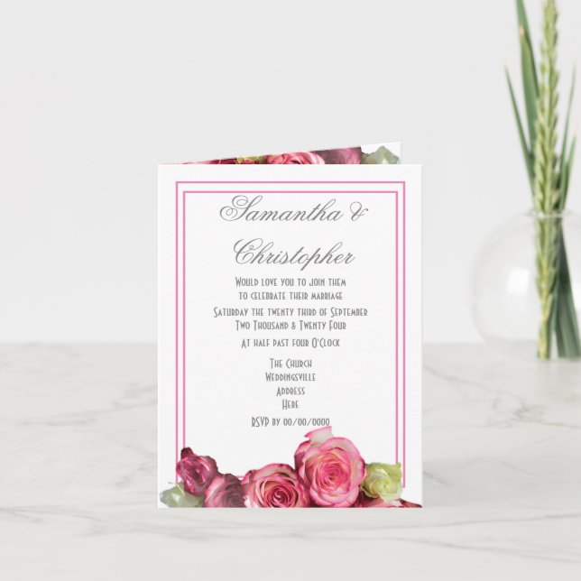 Convite Fronteira de rosa rosa floral casamento (Frente)