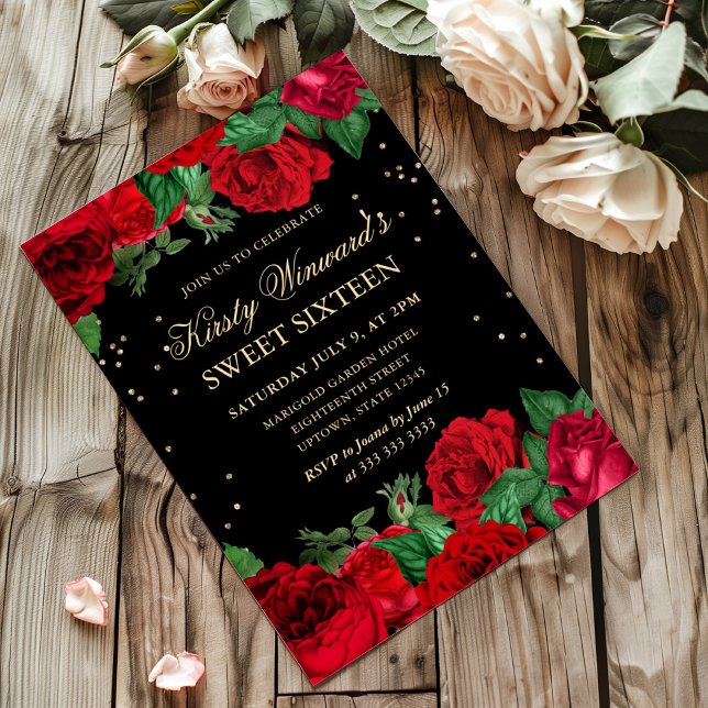 Convite Fronteira de Rosas Vermelhas Floral Sweet Sixteen (Criador carregado)