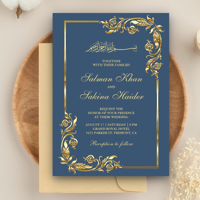Convite Fronteira Floral Azul e Dourada Casamento Islâmico (Criador carregado)