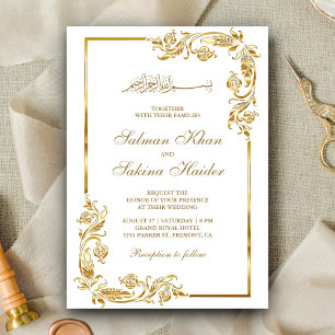Convite Fronteira Floral Branca e Dourada para Casamento I