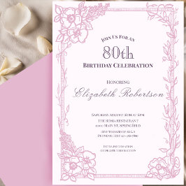 Convite Fronteira Floral Rosa Elegante Aniversário de 80 A