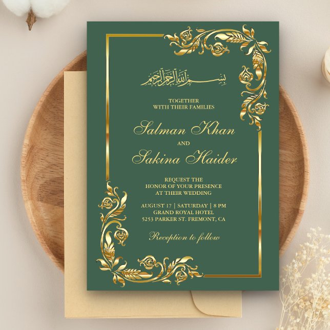 Convite Fronteira Floral Verde e Dourada Casamento Islâmic (Criador carregado)