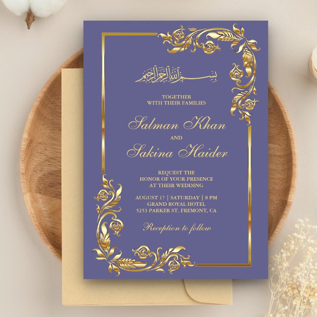 Convite Fronteira Floral Violeta e Dourada Casamento Islâm (Criador carregado)