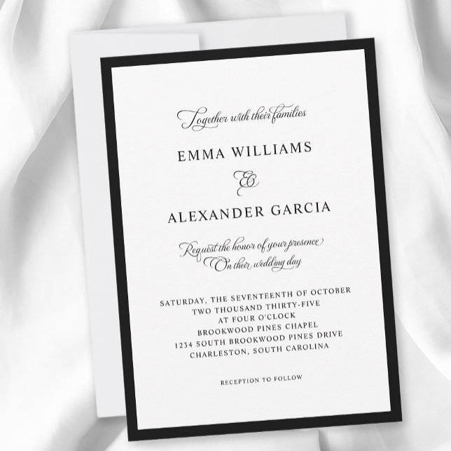 Convite Fronteira Negra Formal de Casamento de Caligrafia  (Elegant Calligraphy Wedding Formal Black Border Invitation)