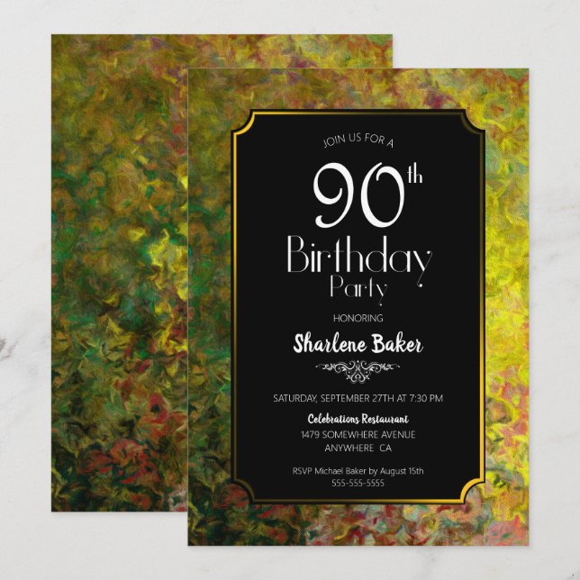 Convite Fronteira Verde e Dourada Preto 90º Aniversário (Frente/Verso)