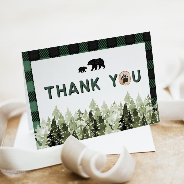 Convite FROST Green Flannel Bear Pine Tree Thank You Card (Criador carregado)