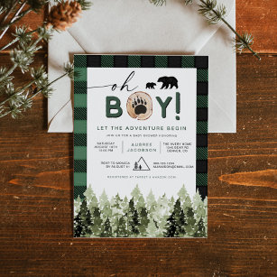 Convite FROST Green Flannel Pine Bear Boy Baby Shower