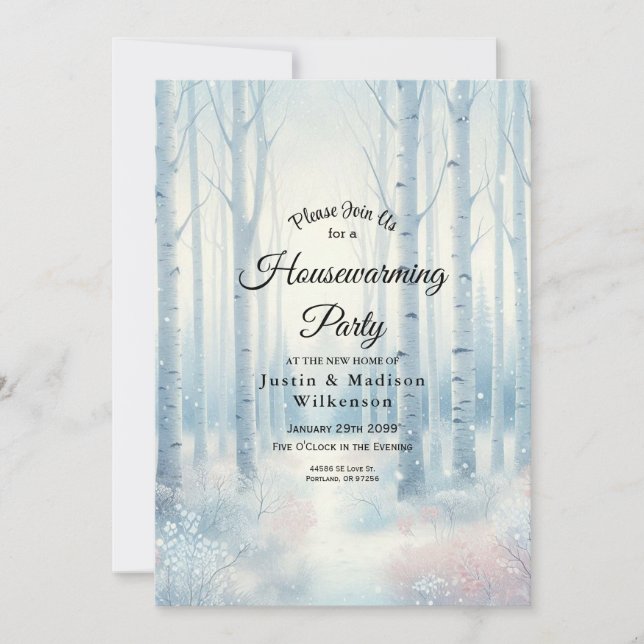 Convite  Frosted Blue Birch Forest Housewarming Party (Frente)