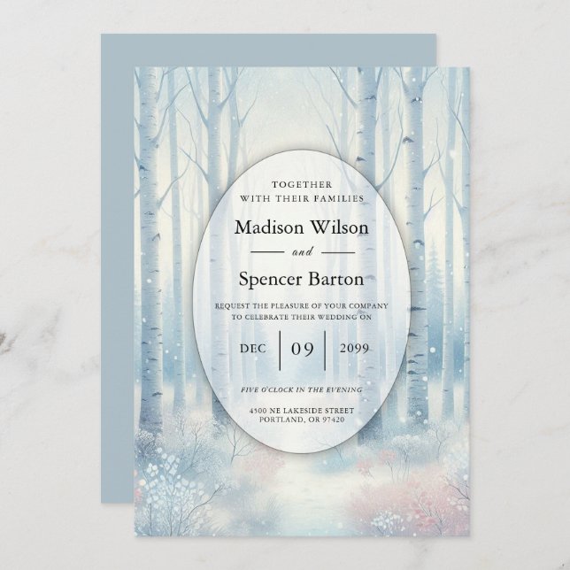 Convite Frosted Blue Birch Forest Wedding (Frente/Verso)