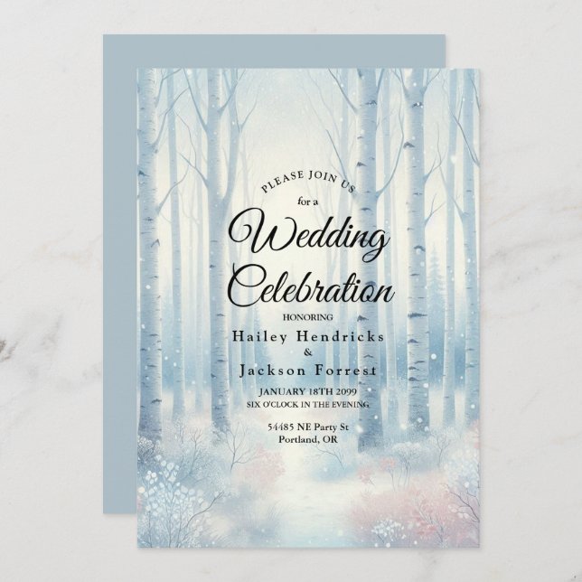 Convite Frosted Blue Birch Forest Wedding (Frente/Verso)