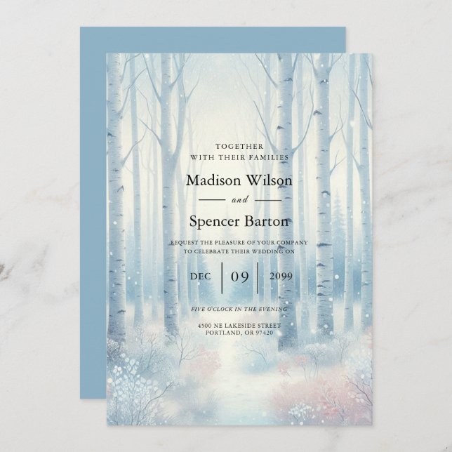 Convite Frosted Blue Birch Forest Wedding (Frente/Verso)