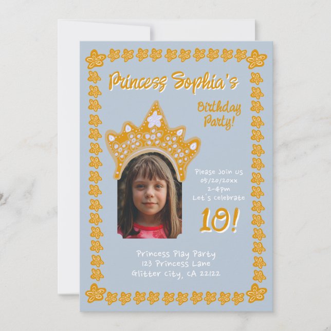 Convite Frosted Blue Princess Crown Floral Photo Birthday (Frente)