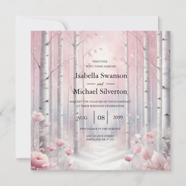 Convite Frosted Petals in a Winter Woodland Wedding (Frente)