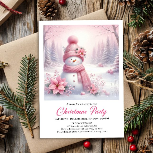 Convite Frosty Pink Coquette Boneco de Neve Digital Natal  (Frosty Pink Coquette Snowman Digital Christmas Kids Invite)