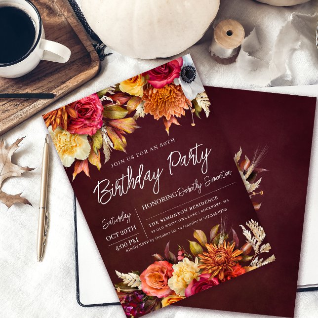 Convite Frota Burgundy Flowers Chic Script 80 Aniversário (Vibrant 80th Birthday Invitation . Perfect for a fall celebration!)