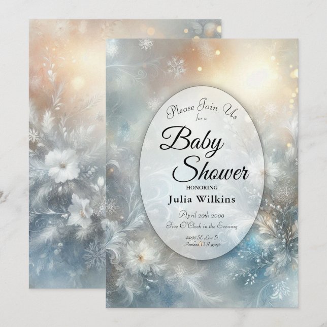Convite Frozen Petals in a Golden Winter Mist Baby Shower (Frente/Verso)