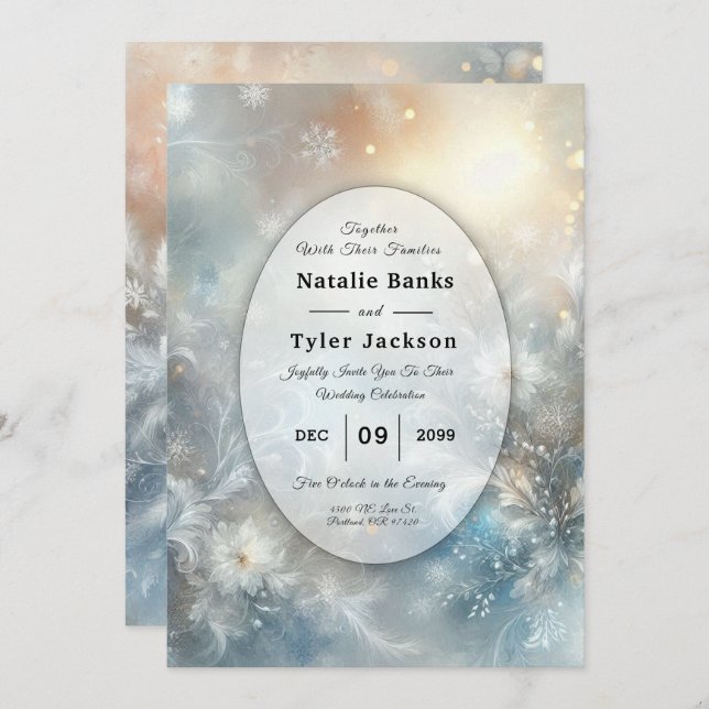 Convite Frozen Petals in a Golden Winter Mist Wedding (Frente/Verso)